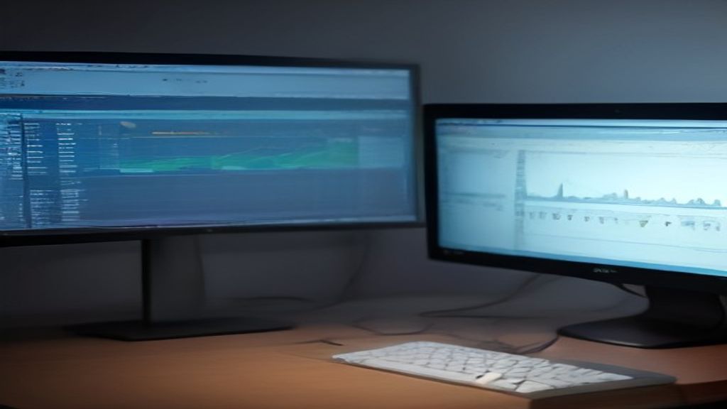 developer workstation with code and market data charts on screens