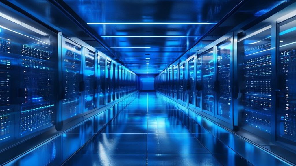 futuristic data center corridor with blue light
