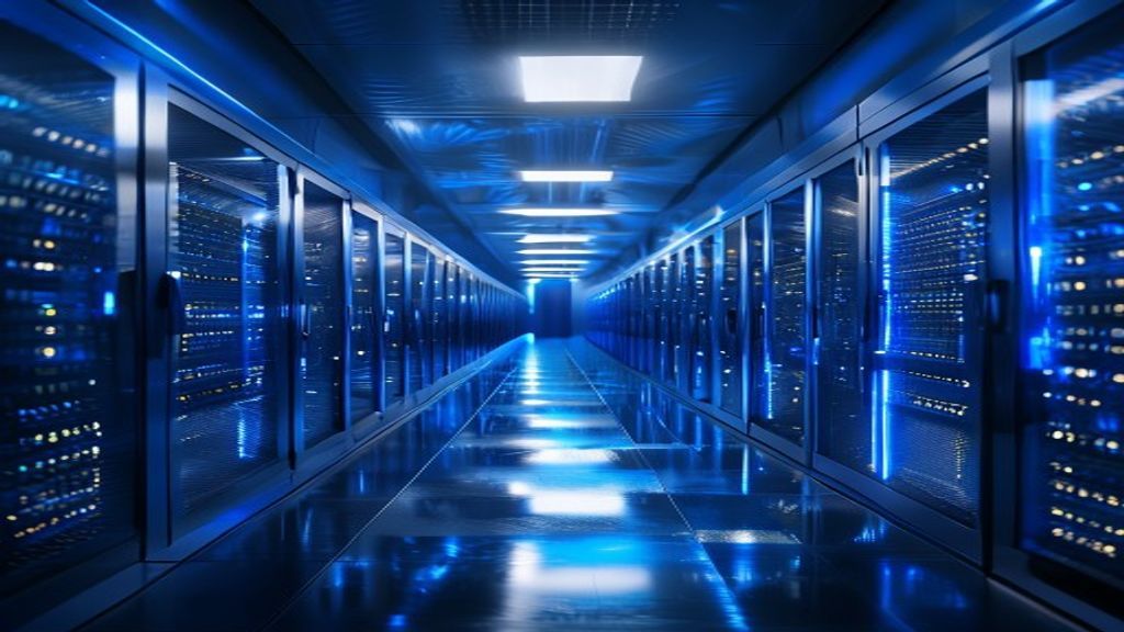 futuristic data center corridor with blue light