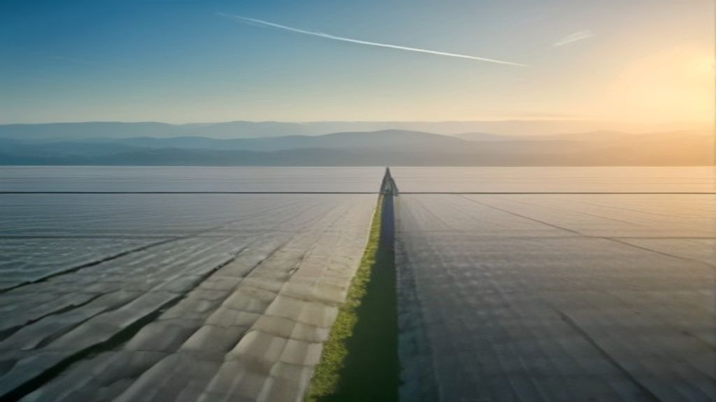 vast solar panel field with technicians walking between rows