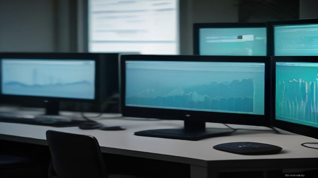 close-up of a professional workstation with multiple monitors showing energy dashboards and charts