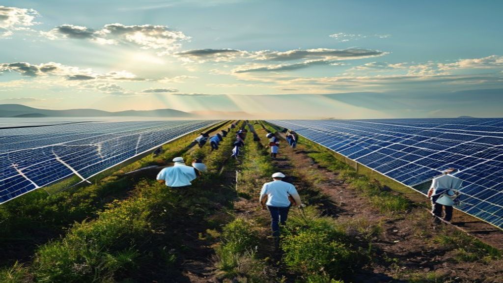 vast solar panel field with technicians walking between rows