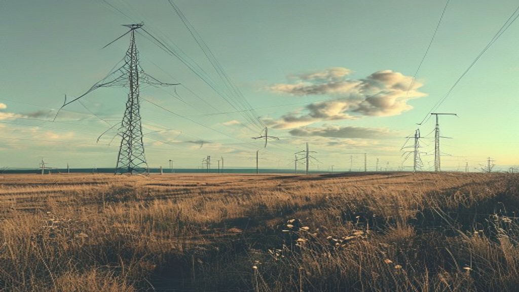 midwest american prairie with wind farm and transmission lines
